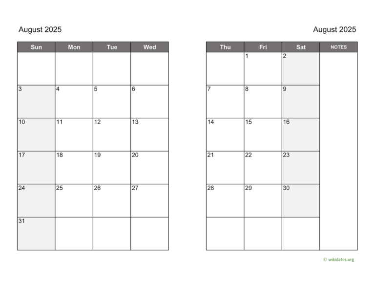 August 2025 Calendar On Two Pages WikiDates
