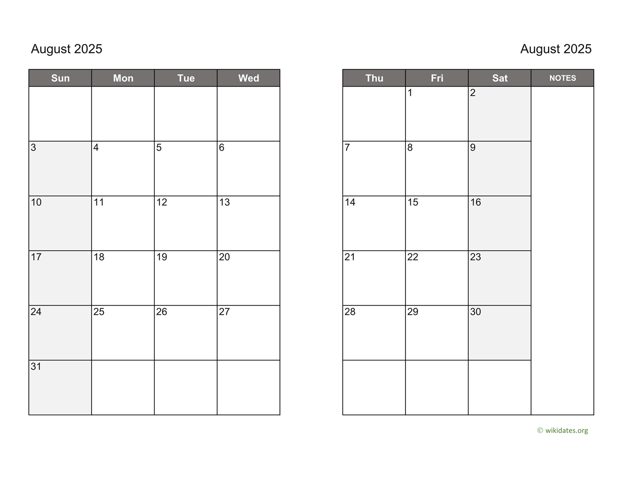 August 2025 Calendar On Two Pages WikiDates