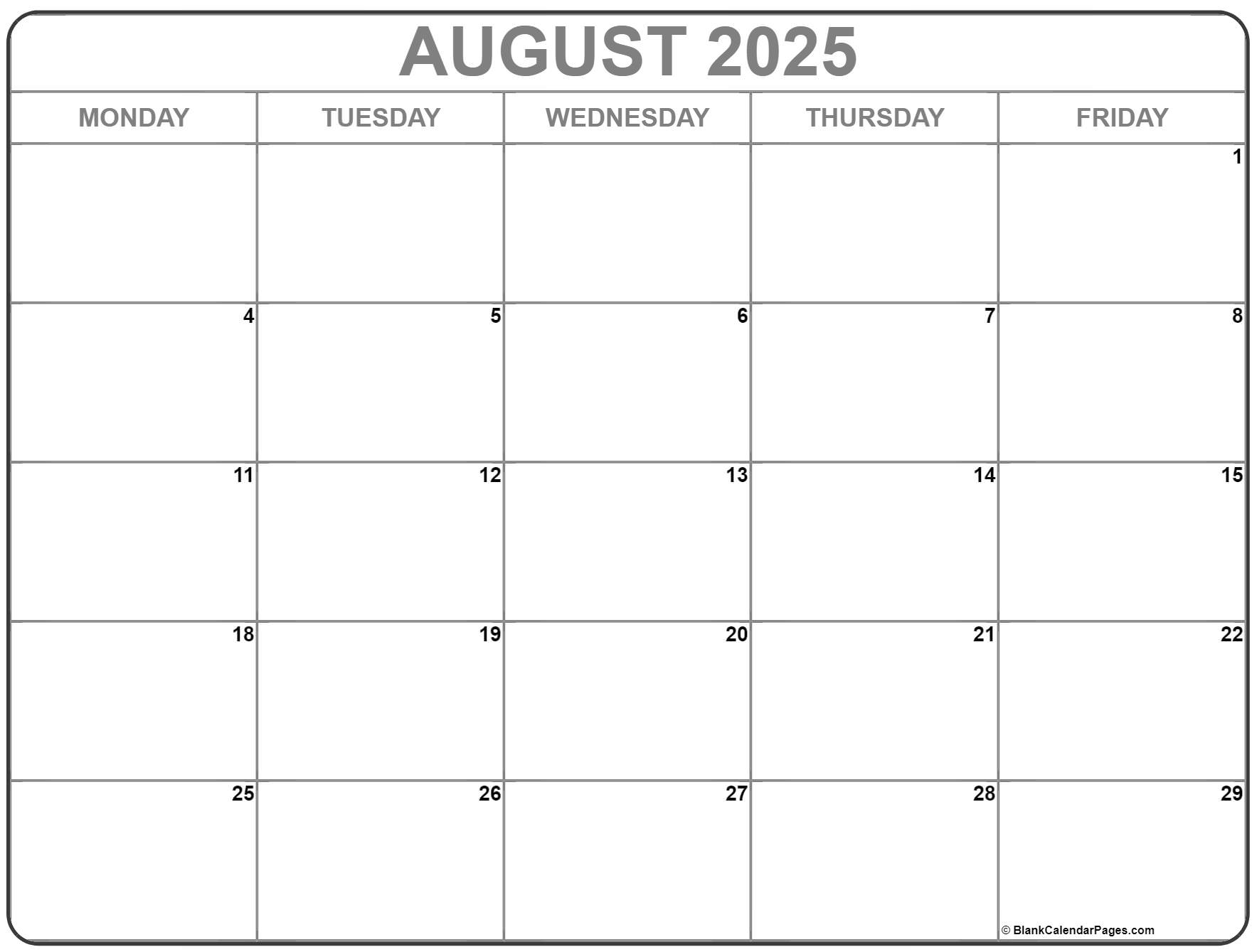 August 2025 Monday Calendar Monday To Sunday