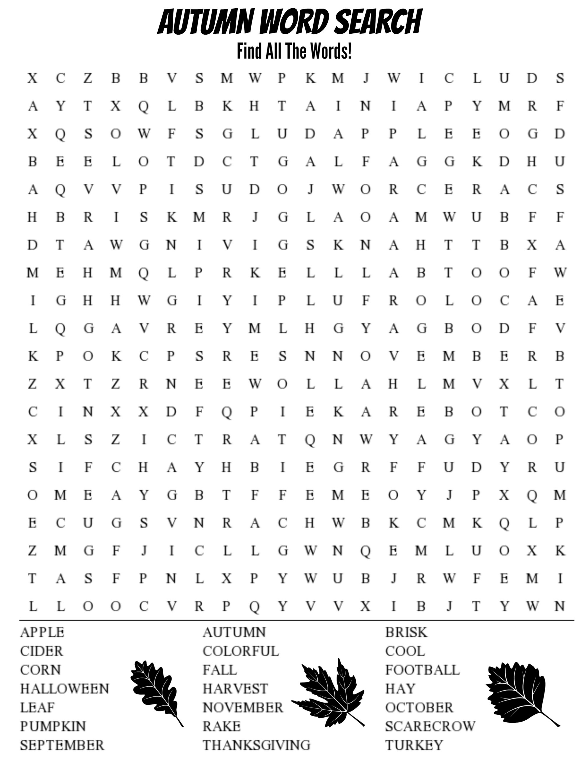 fall word search printable