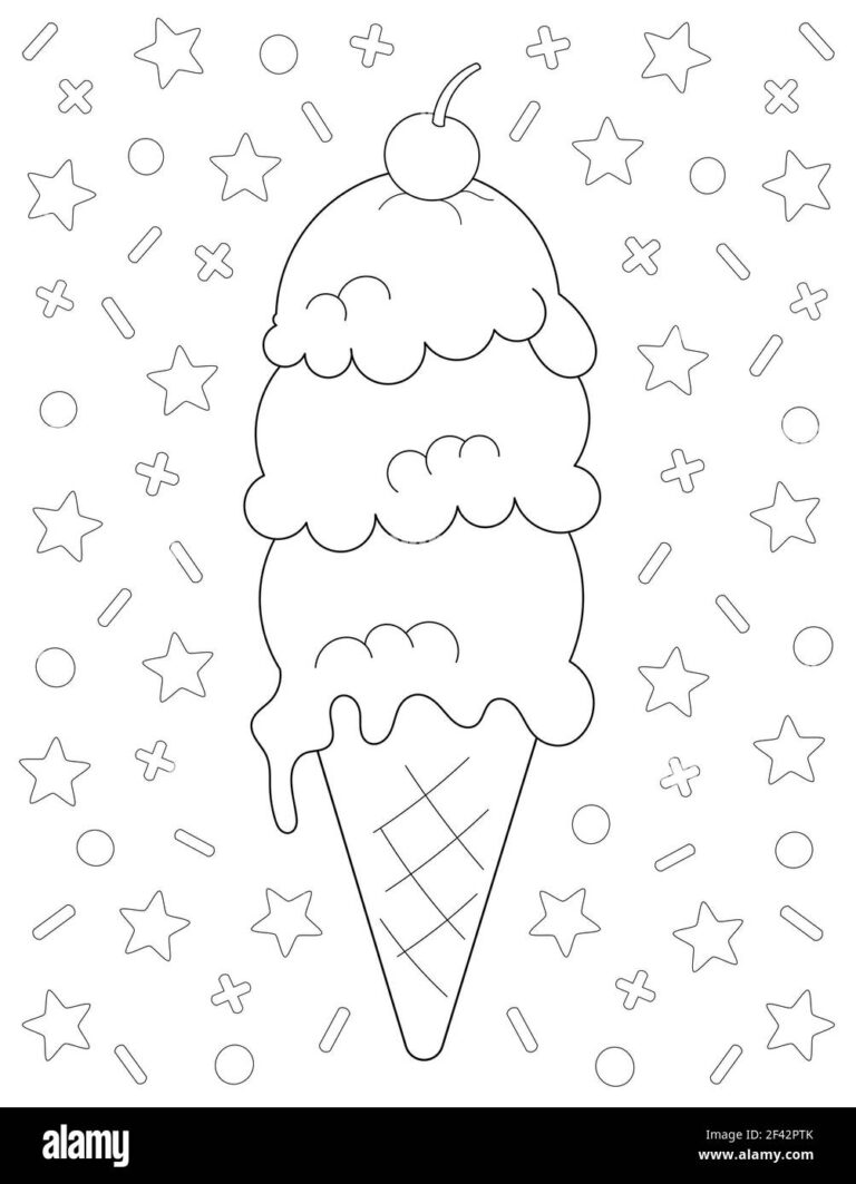 Coloring Page With A Big Ice Cream Cone With 3 Scoops And A Cherry On Top 