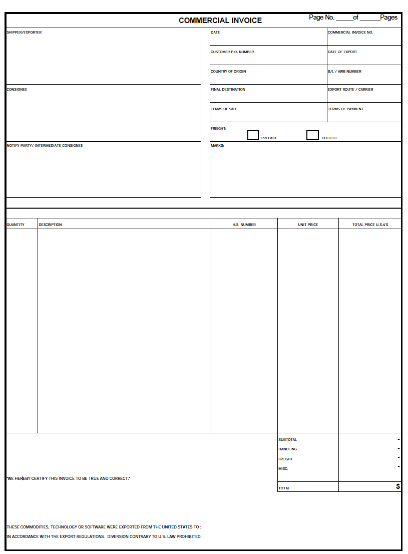 Customs Commercial Invoice Template Questsupplier