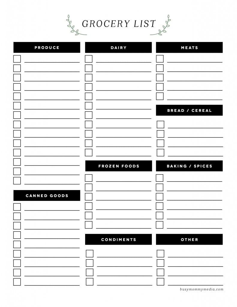 Free Printable Grocery List