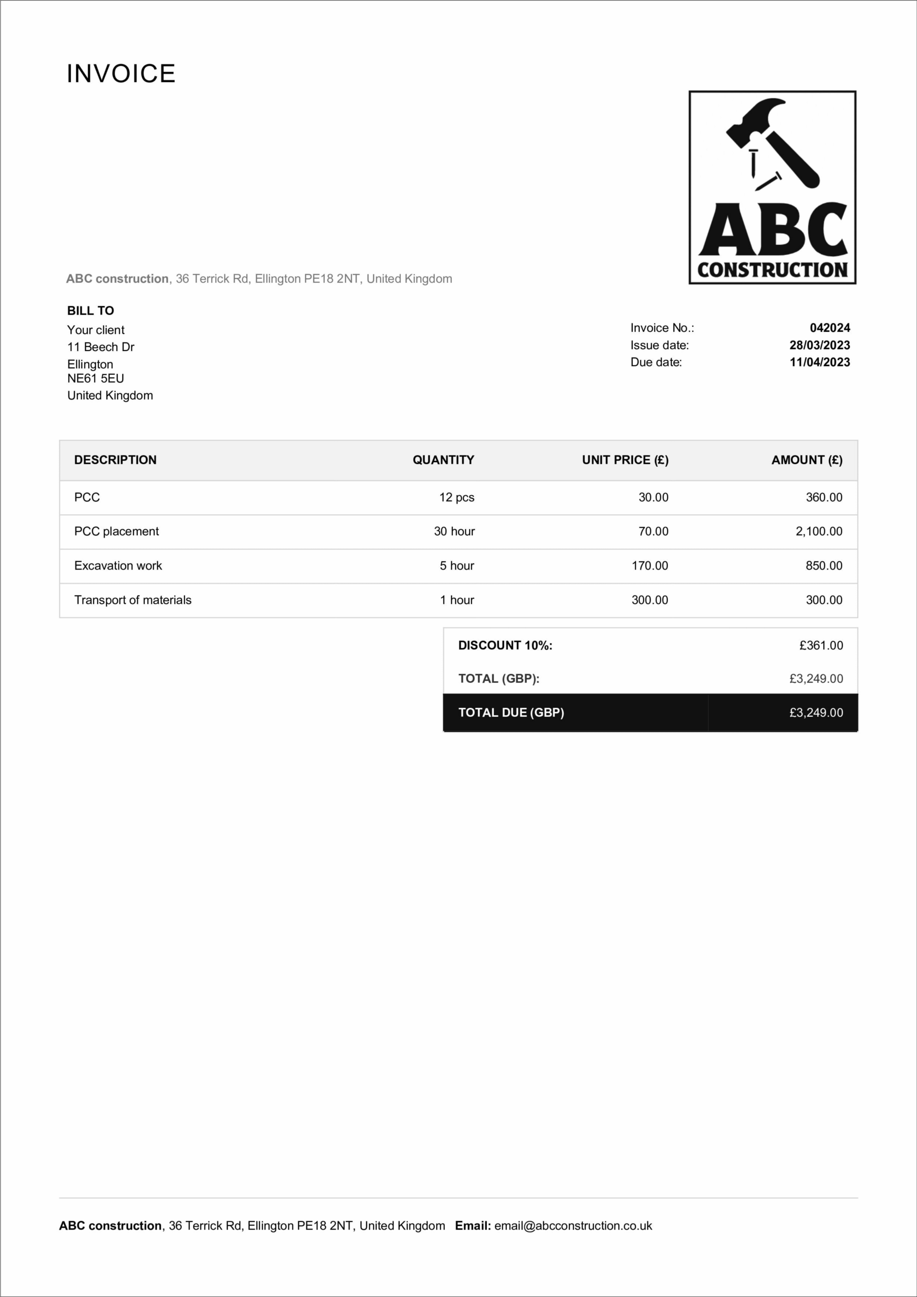 sample invoice for construction sample invoice for construction