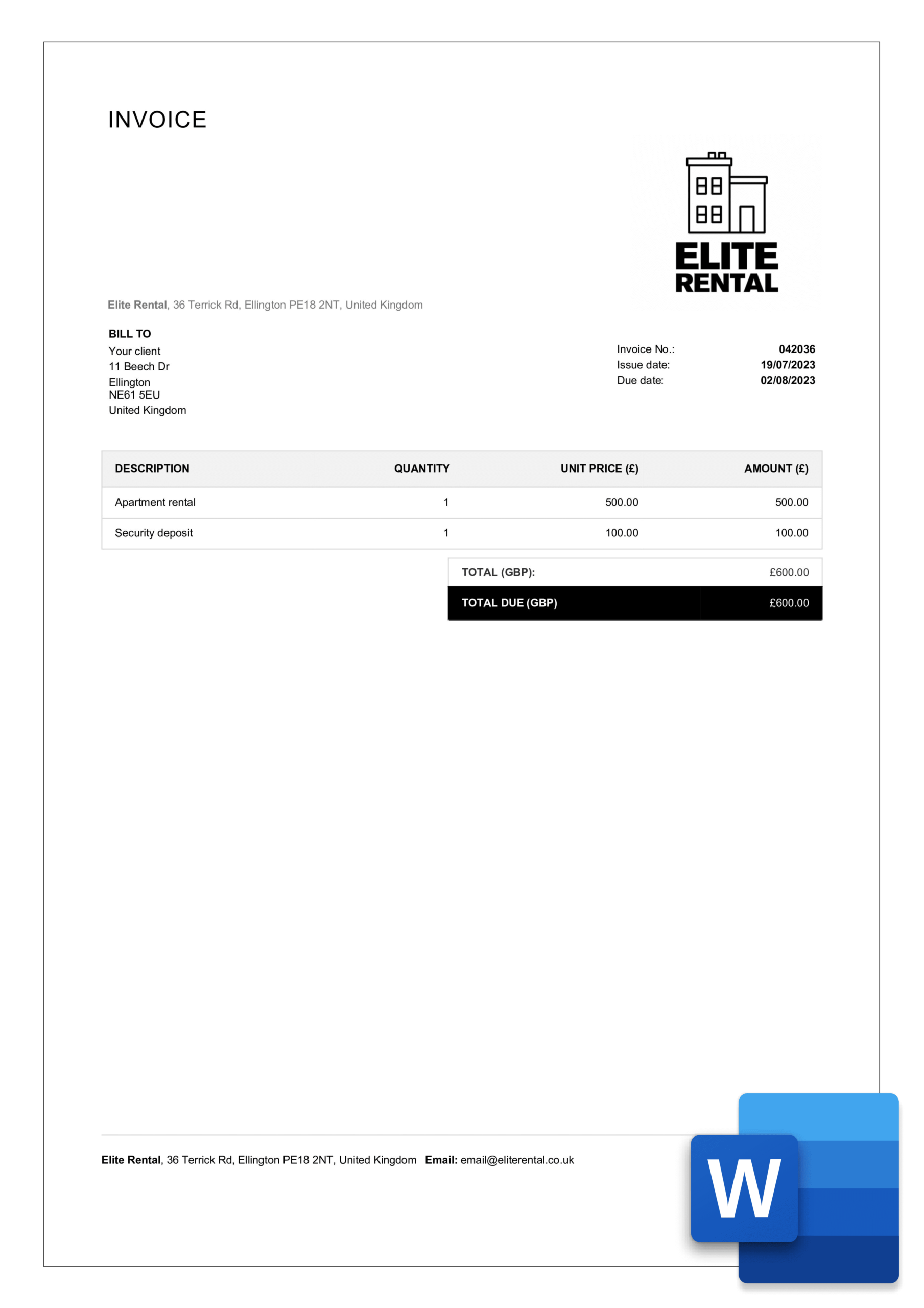 Free Rental Invoice Templates In Word Billdu