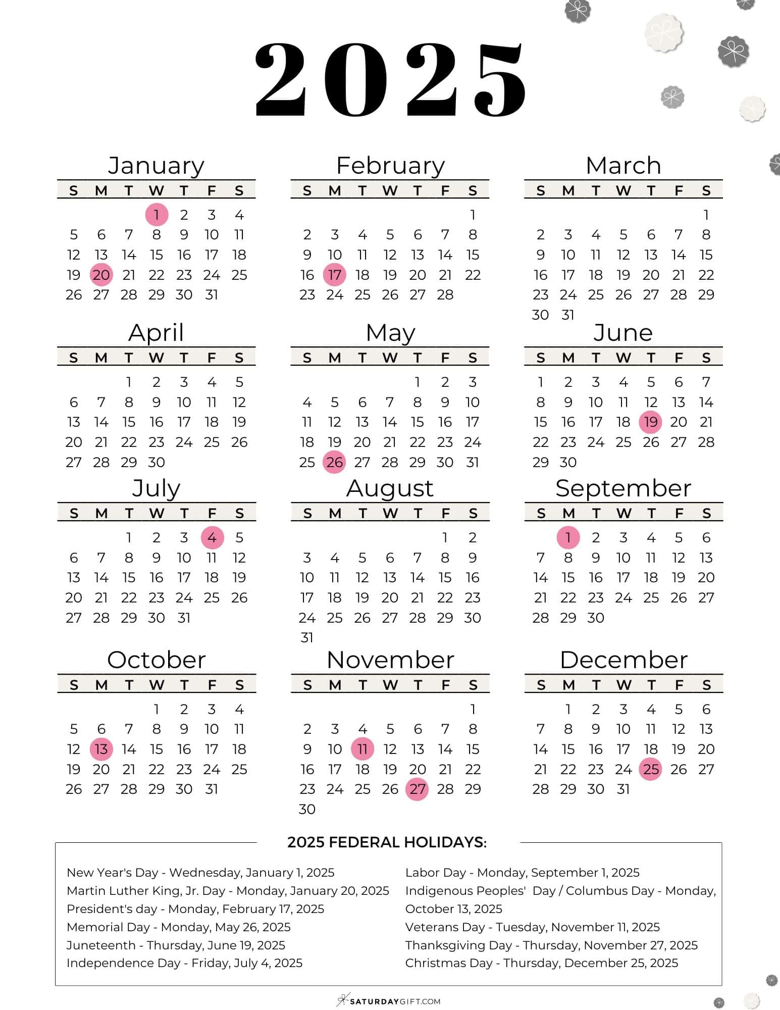 List Of Federal Holidays 2025 In The U S SaturdayGift