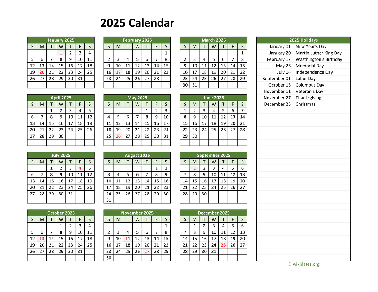 2025 federal holidays printable