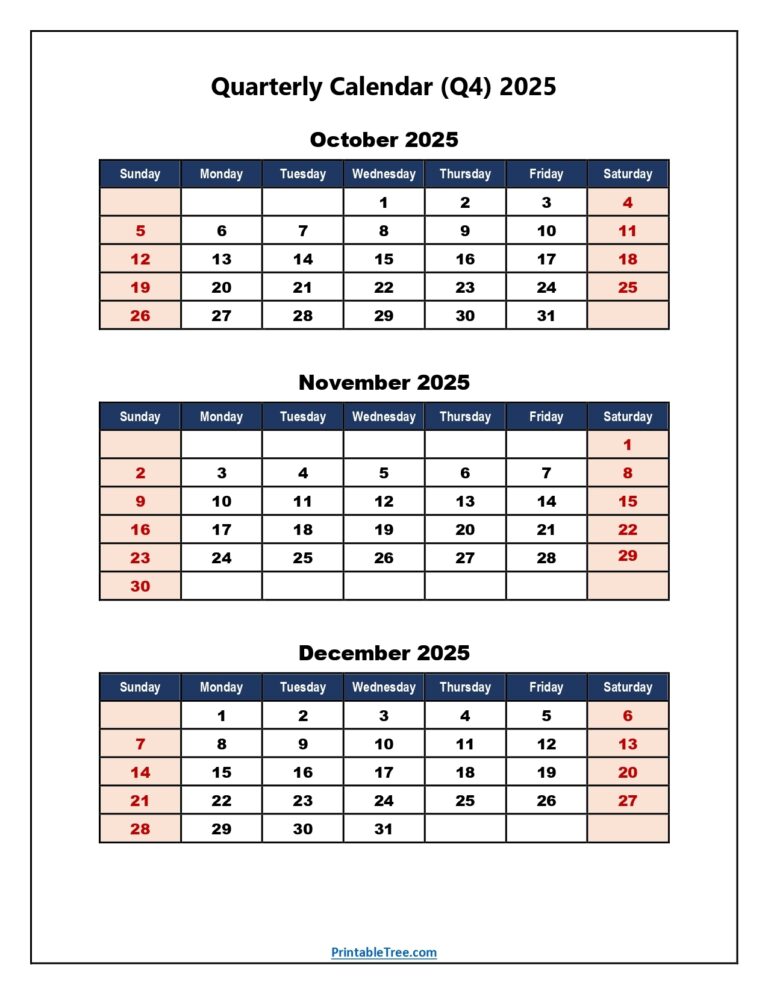 Q4 Quarterly Calendar 2025 Printable PDF Templates