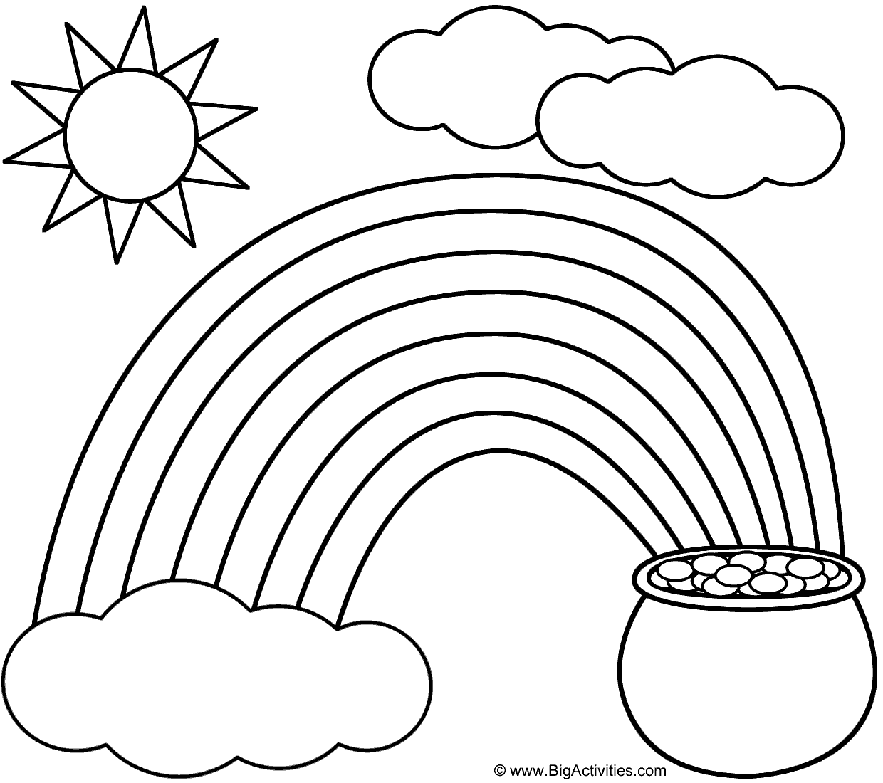 Rainbow Pot Of Gold Sun And Clouds Coloring Page St Patrick s Day 