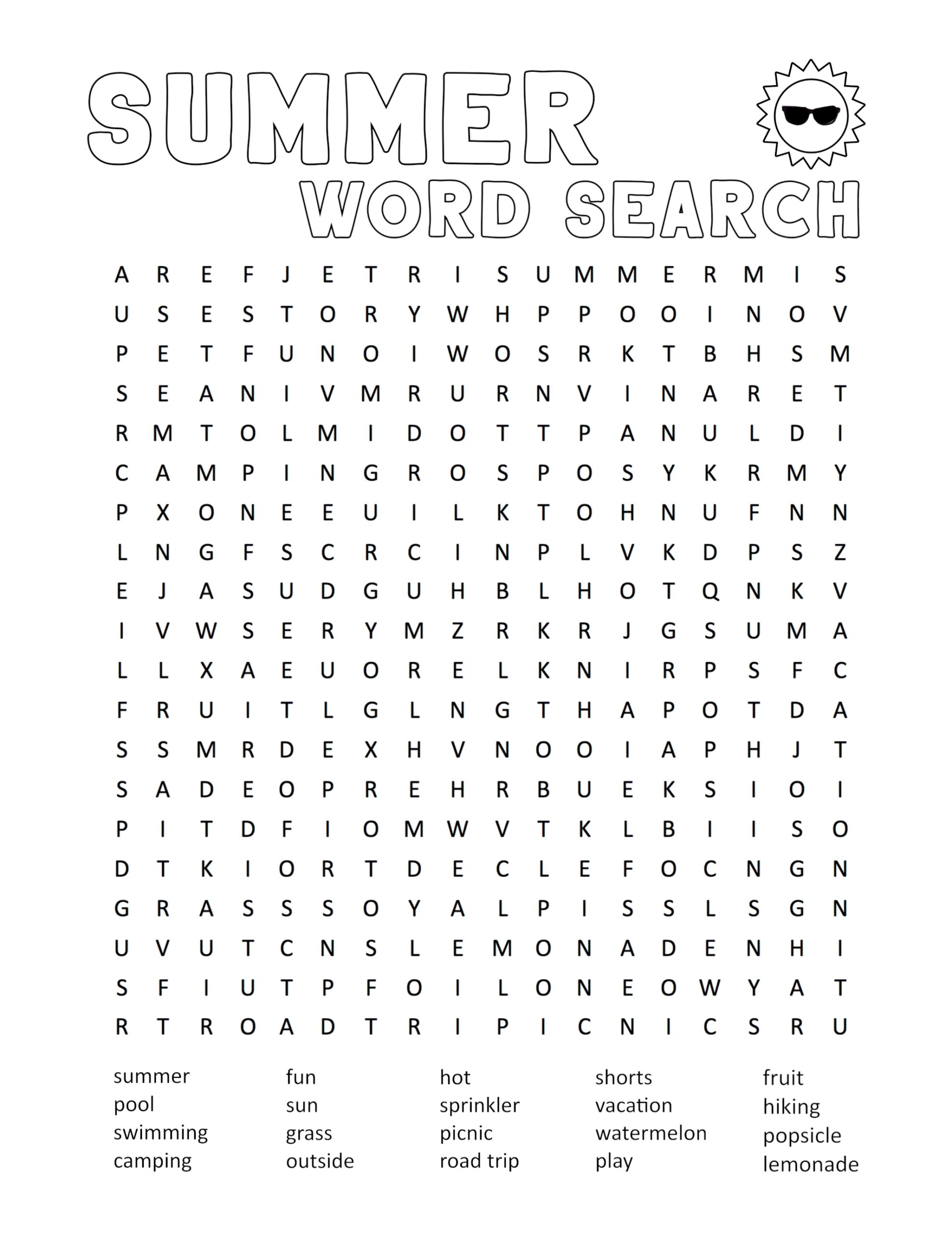 word search printable summer