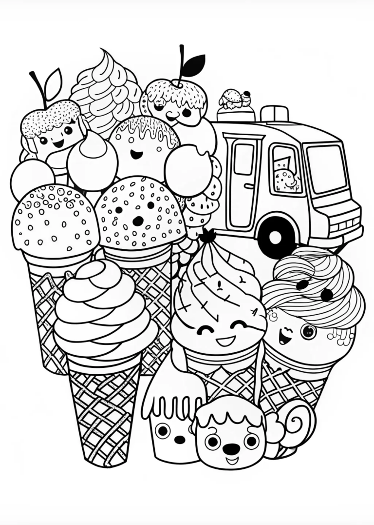 Sweet Ice Cream Treats With Smiley Scoops Coloring Page Free Printable