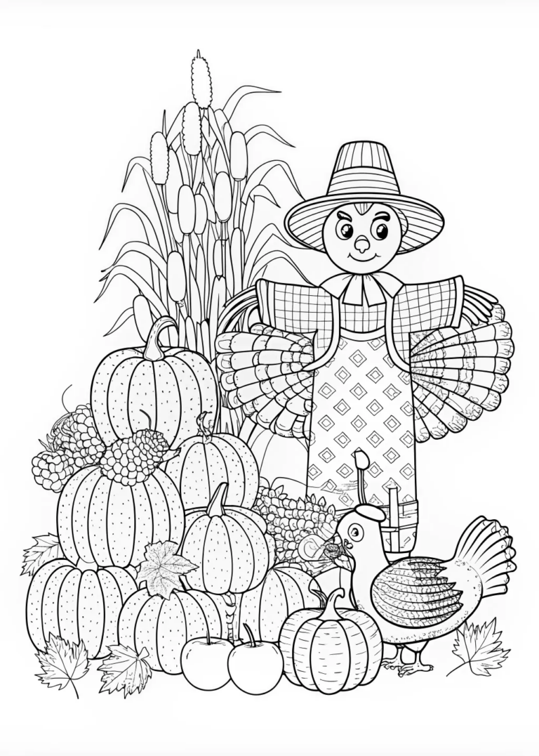 Thanksgiving Harvest With Scarecrow And Turkey Coloring Page Free Printable