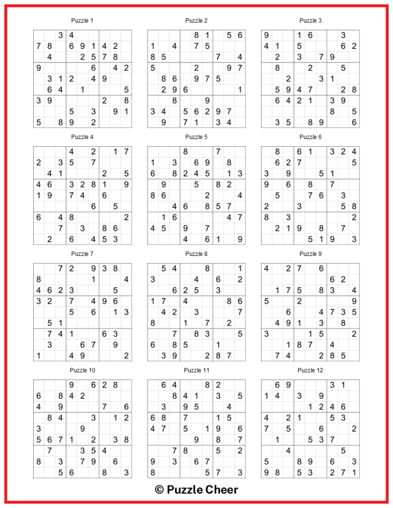 Very Easy Sudoku 12 Puzzles Per Page Puzzle Cheer