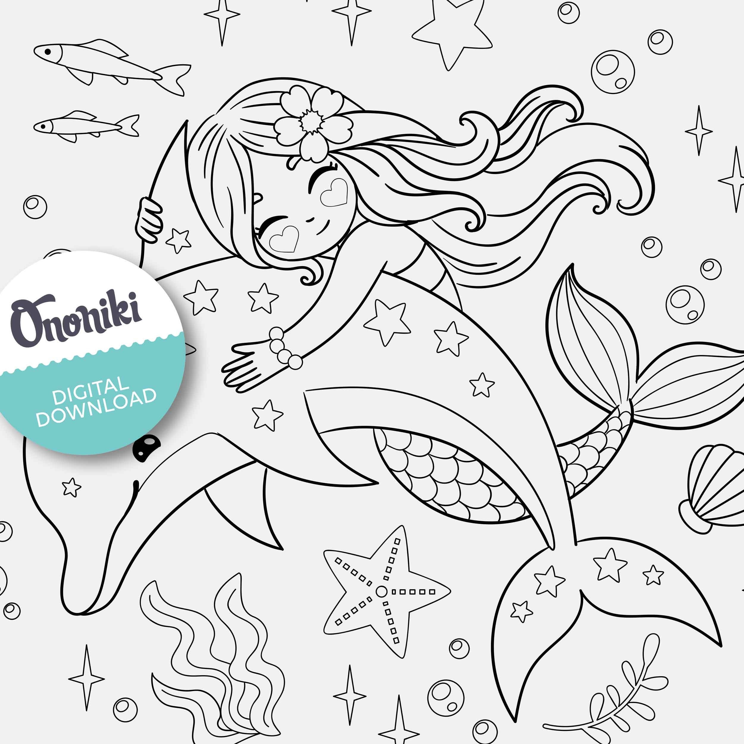 Cute Mermaid And Dolphin Coloring Sheet Printable Ocean Art For Kids A4 And 8 X 10 inch Download Etsy