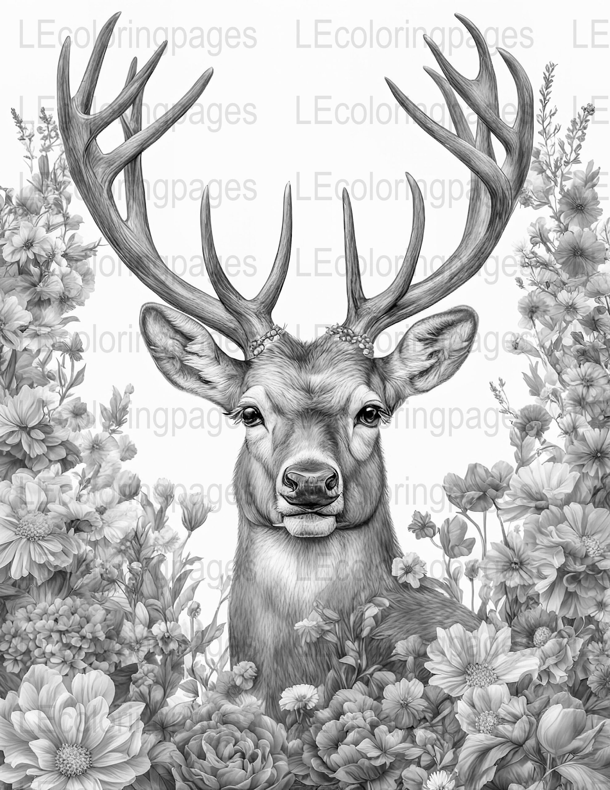 Deer In Floral Garden Coloring Page Grayscale Printable digital Download Etsy