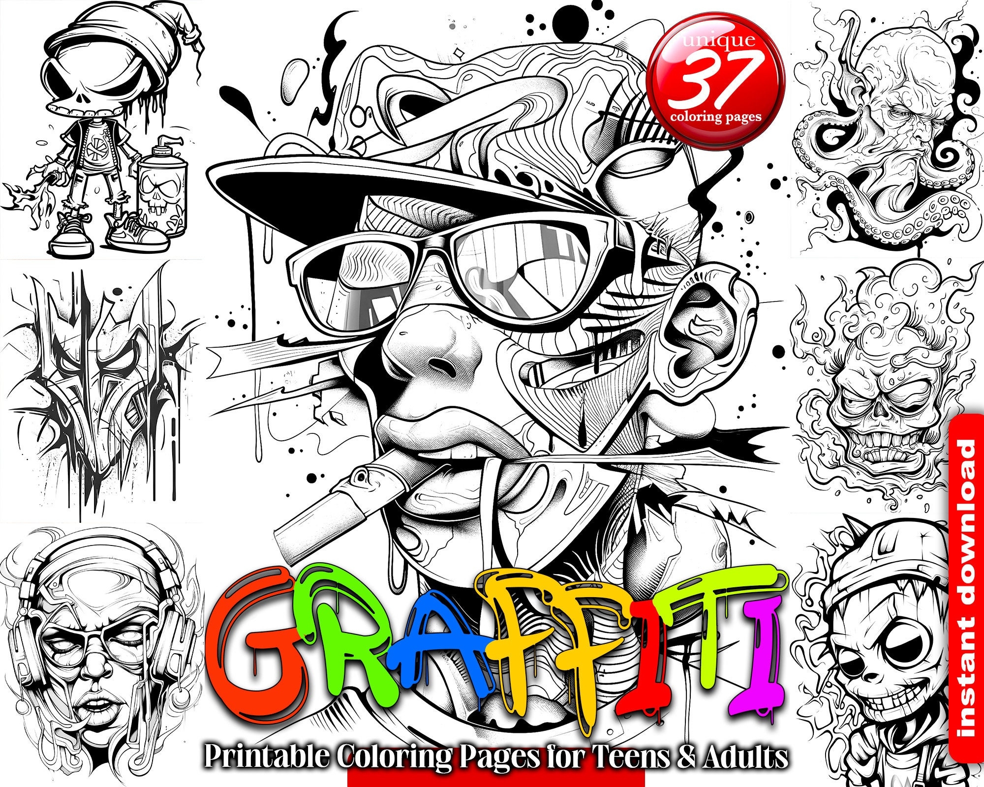 Graffiti Street Art Coloring Book 37 Printable Pages PDF Etsy India