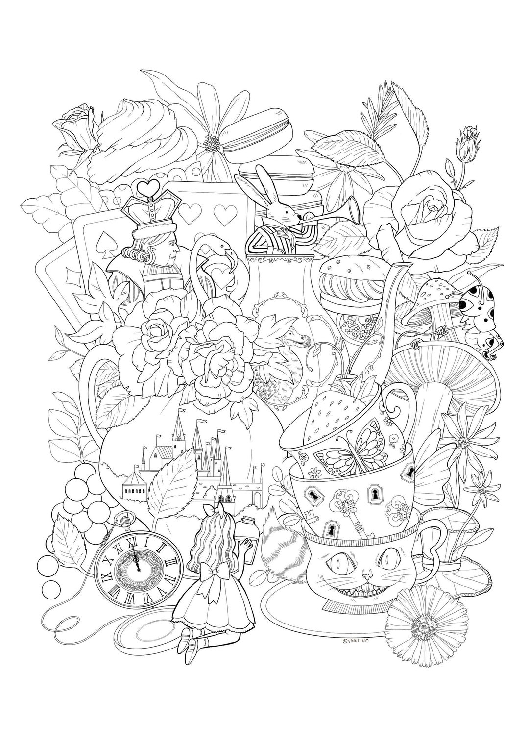 Printable Coloring Design For Adults Alice In Wonderland Princess Fairytale Tea Party Etsy