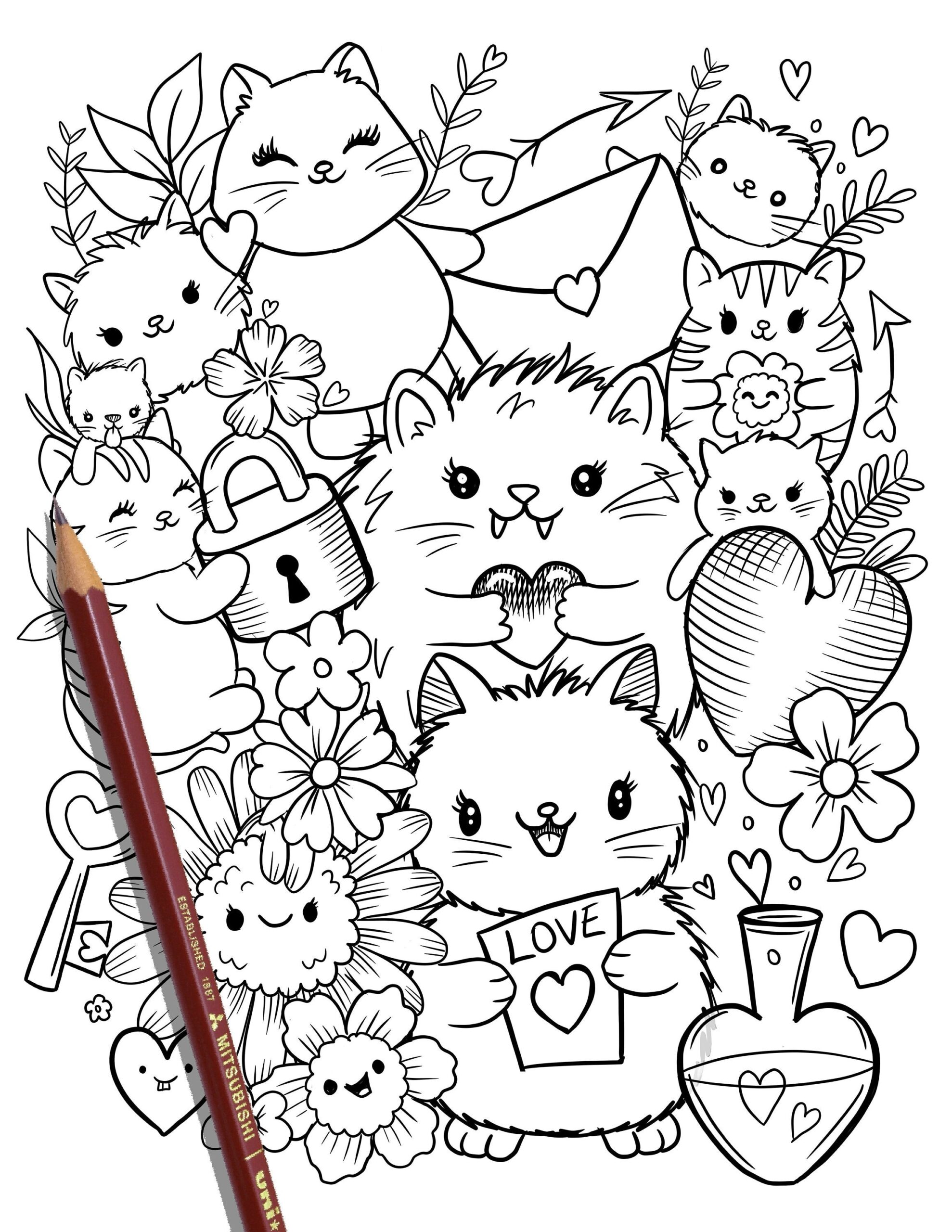 PRINTABLE Cute Kitty Cats Coloring Page Hand drawn Coloring Sheet Cat Doodles Coloring Page Kids Coloring Page Adult Coloring Etsy Israel