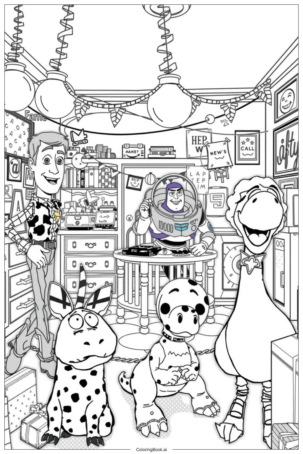 Toy Story Characters Celebrating Together Coloring Page Free PDF PNG Printable 